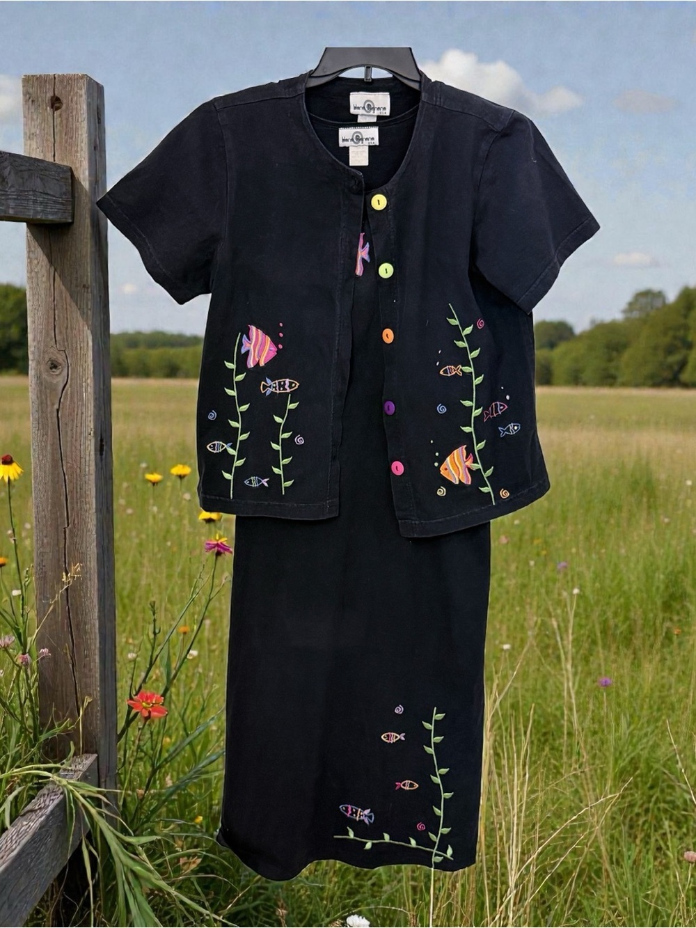 Women’s Black Embroidered Fish Midi Dress with Button-Front Jacket